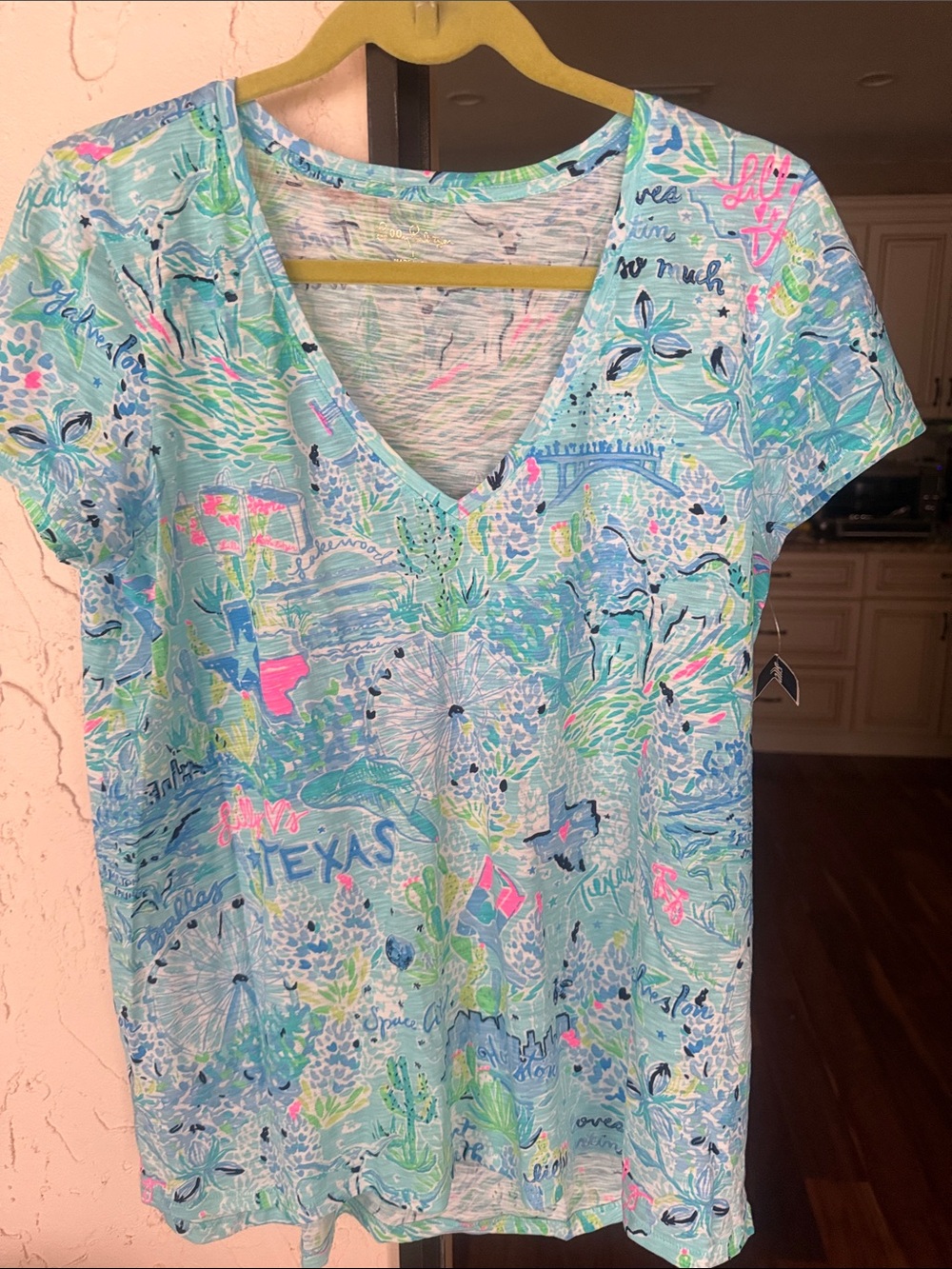 Lilly Pulitzer Aqua Floral V-Neck Short Sleeve Tee with Neon Accents